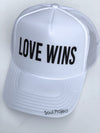Love Wins trucker hat, hand printed in Laguna Beach CA at The Soul Project  100% Polyester Front, 100% Nylon Mesh Back 5-panel cap Plastic Adjustable Back Snap