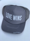 Love Wins trucker hat, hand printed in Laguna Beach CA at The Soul Project  100% Polyester Front, 100% Nylon Mesh Back 5-panel cap Plastic Adjustable Back Snap