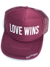 Love Wins trucker hat, hand printed in Laguna Beach CA at The Soul Project  100% Polyester Front, 100% Nylon Mesh Back 5-panel cap Plastic Adjustable Back Snap