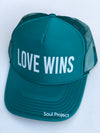 Love Wins trucker hat, hand printed in Laguna Beach CA at The Soul Project  100% Polyester Front, 100% Nylon Mesh Back 5-panel cap Plastic Adjustable Back Snap